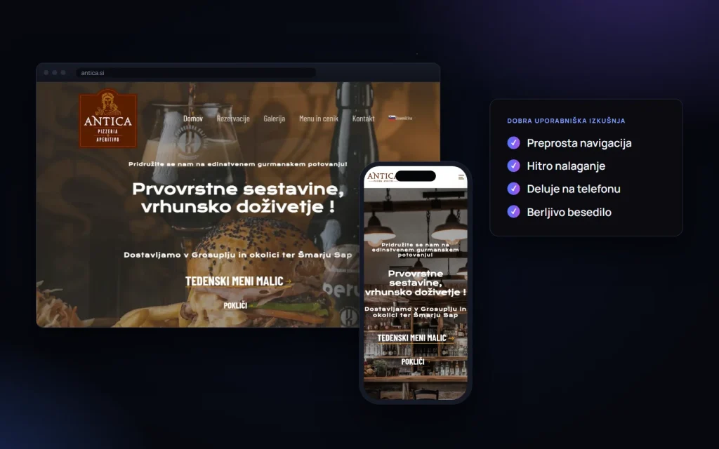 Spletna stran antica.si, ki jo je izdelal ToTheMoon, na računalniku in telefonu, in načela dobre uporabniške izkušnje