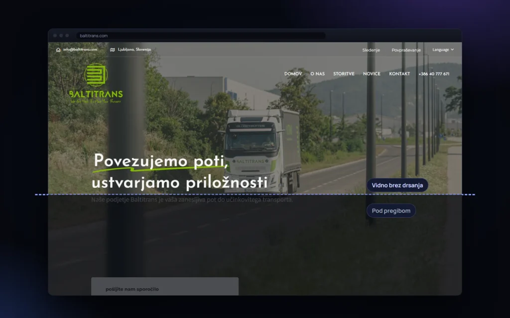 Stran baltitrans.com z označenim delom, ki je viden brez drsanja