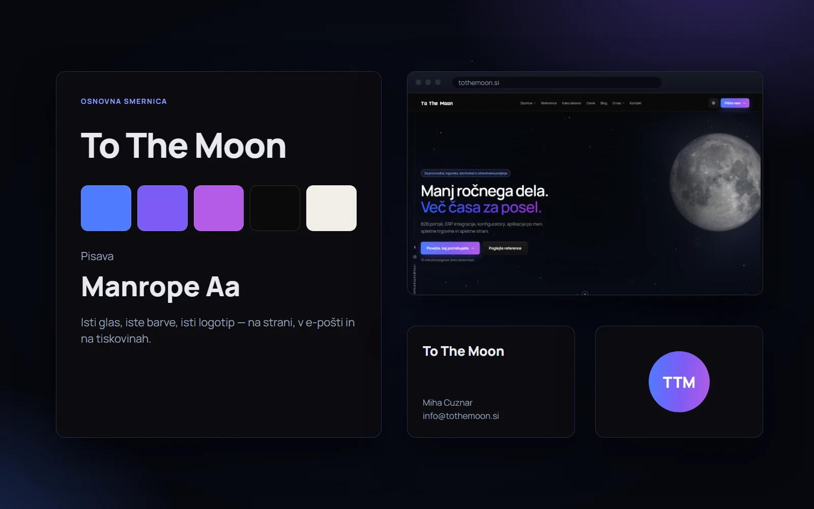 Znamka ToTheMoon: logotip, barve in pisava, uporabljeni dosledno