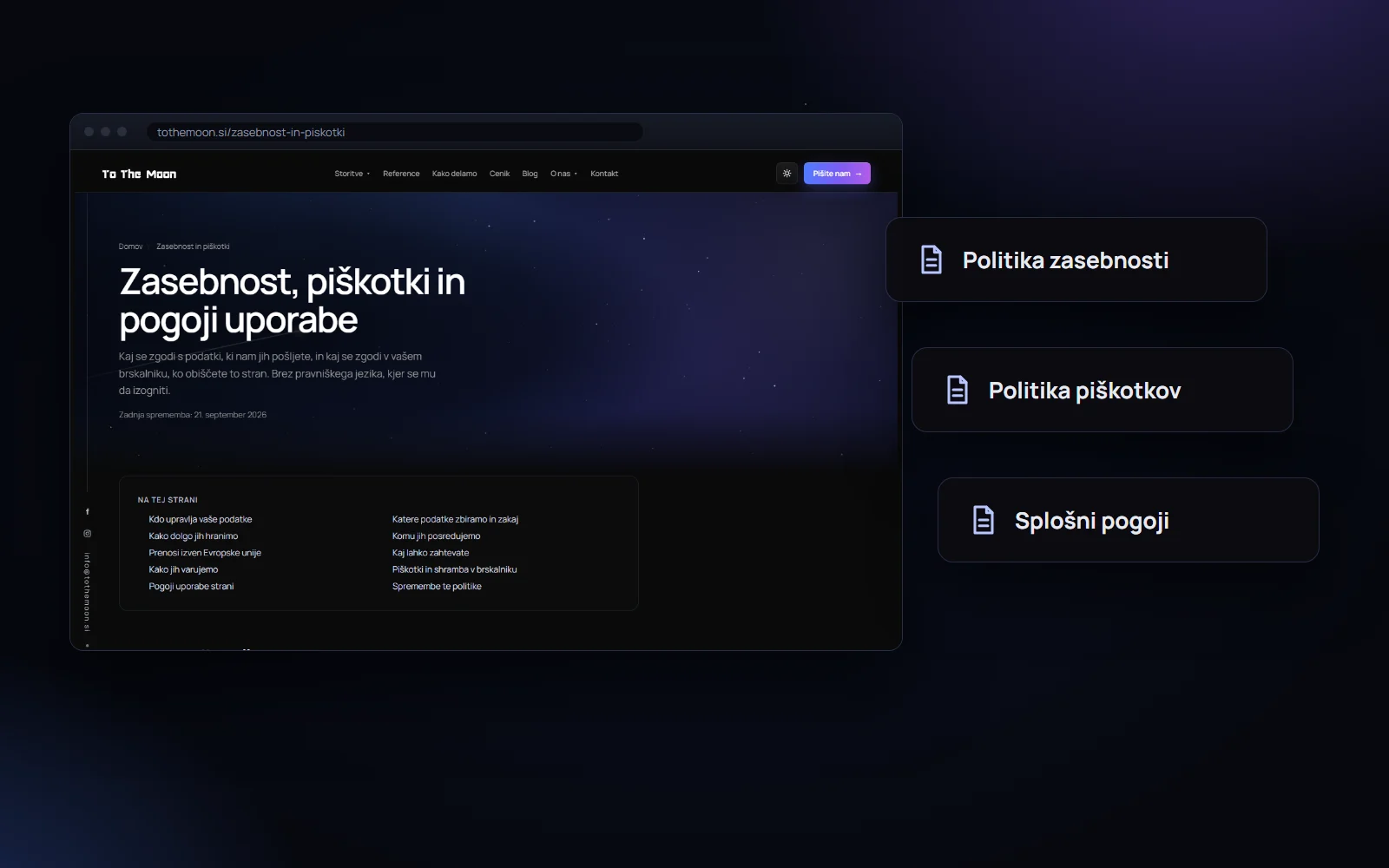 Stran o zasebnosti in piškotkih na tothemoon.si in pravna besedila, ki jih potrebuje vsaka stran