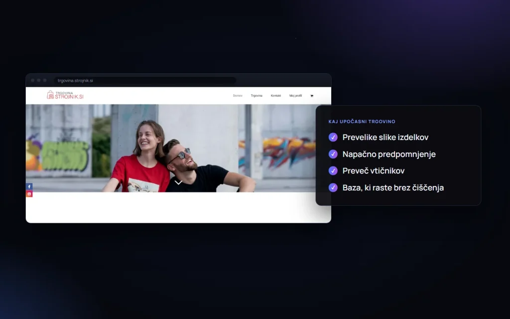 Spletna trgovina trgovina.strojnik.si, ki jo je izdelal ToTheMoon, in kaj upočasni WooCommerce