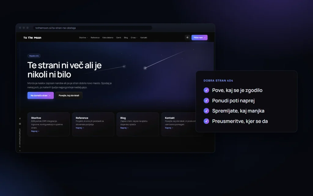 Stran 404 na tothemoon.si s potmi, po katerih obiskovalec lahko nadaljuje
