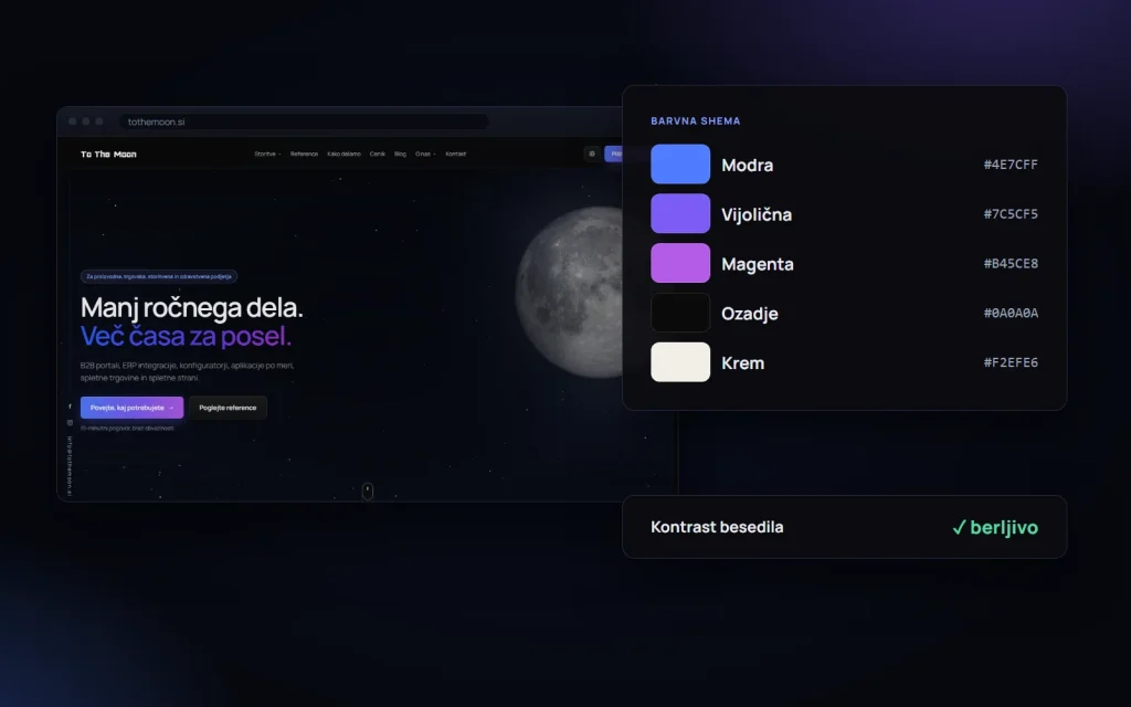 Barvna shema znamke ToTheMoon s preverjenim kontrastom besedila