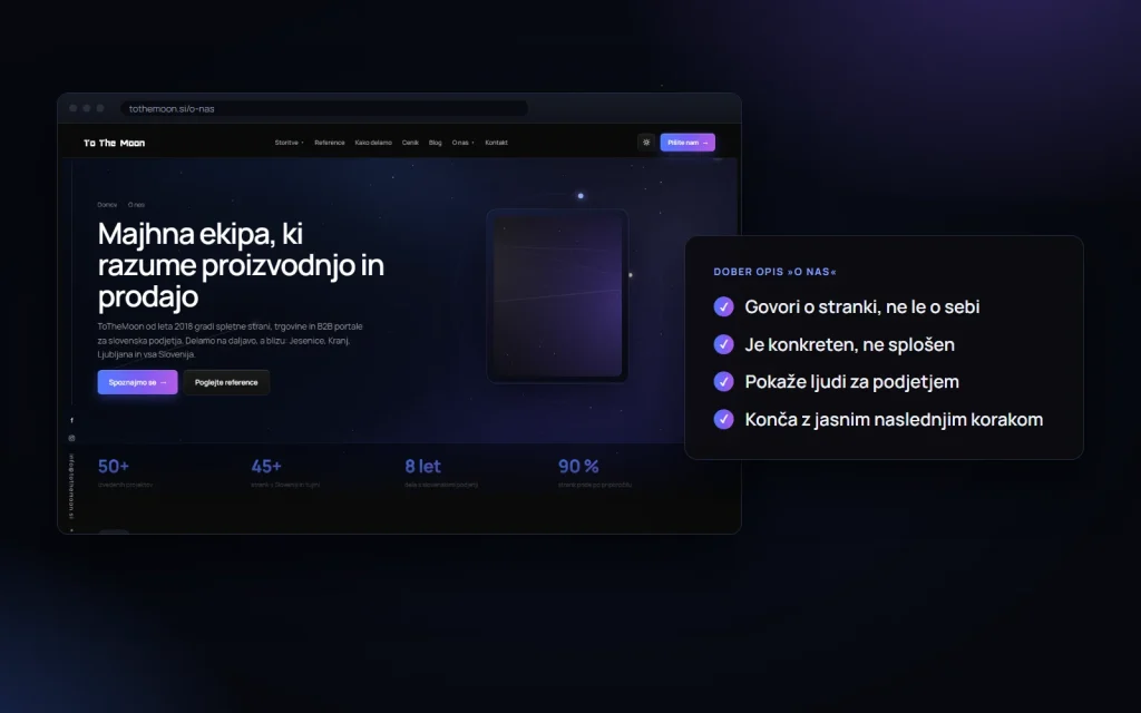 Stran O nas na tothemoon.si in štiri pravila za dober opis podjetja