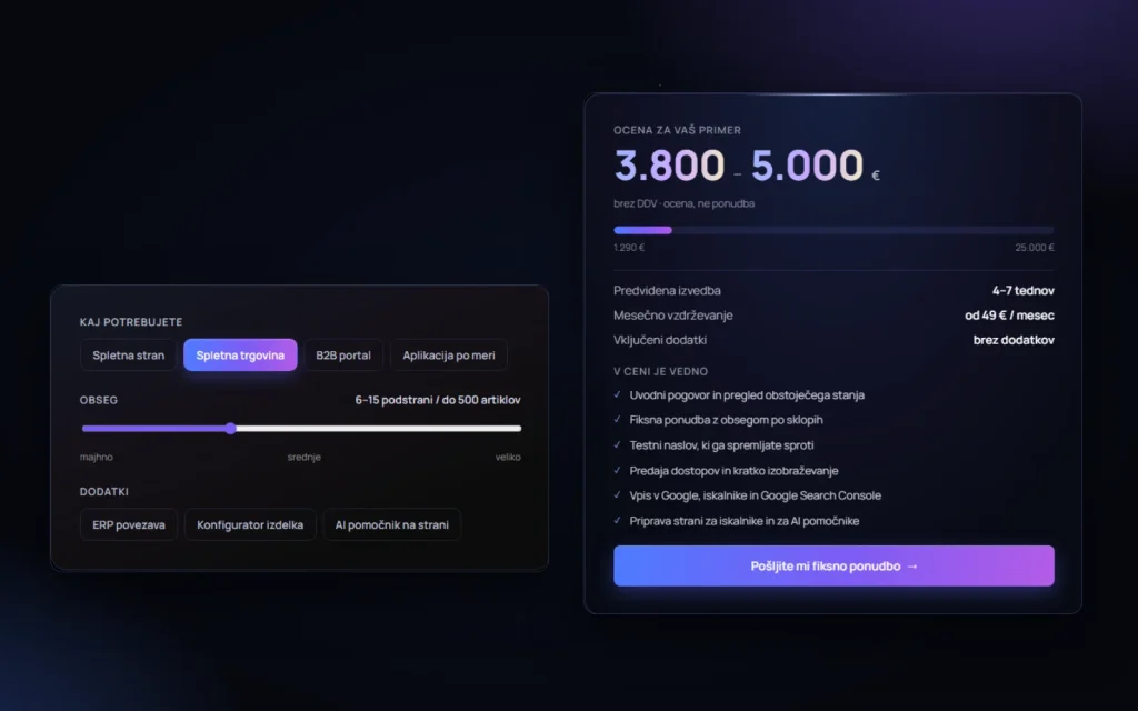 Ocenjevalnik cene na tothemoon.si: izbira rešitve, obsega in dodatkov, razpon cene
