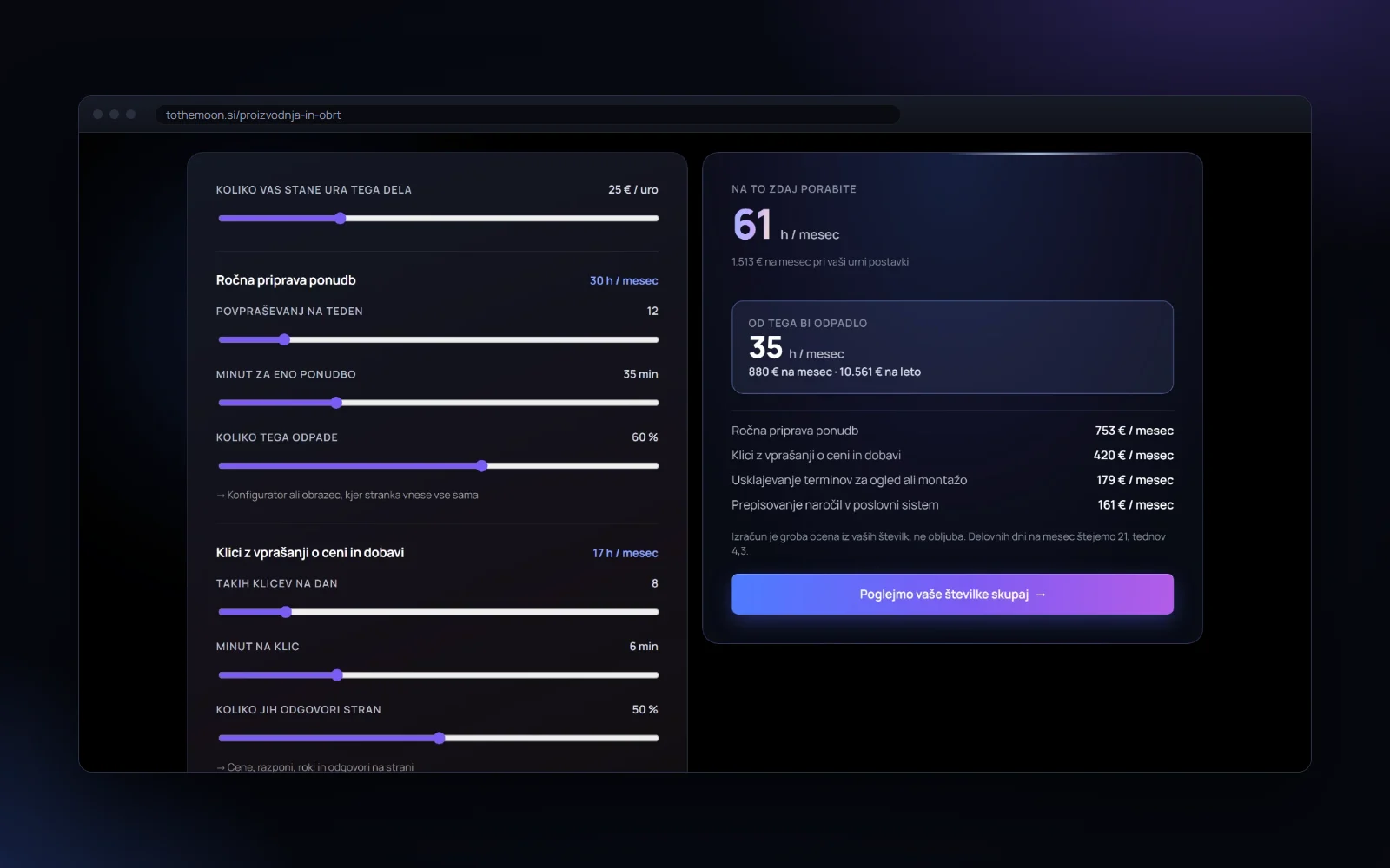 Kalkulator na strani za proizvodnjo in obrt, ki ga je izdelal ToTheMoon