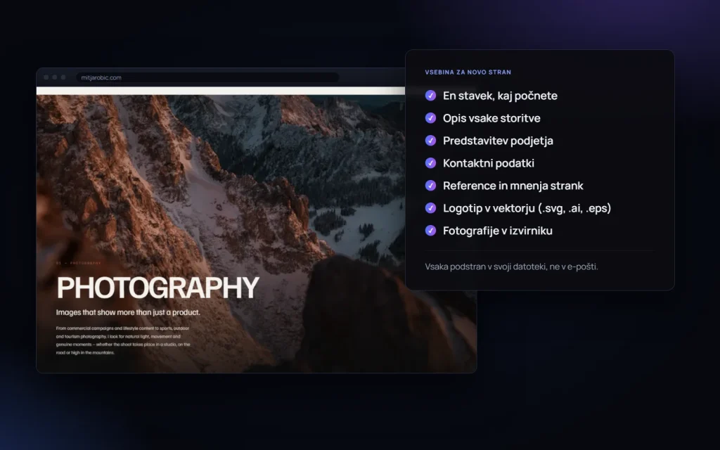 Seznam vsebine, ki jo pripravite za novo spletno stran, ob fotografski strani MitjaRobic.com
