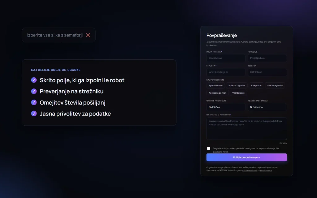 Kontaktni obrazec na tothemoon.si in načini zaščite pred spamom brez uganke CAPTCHA