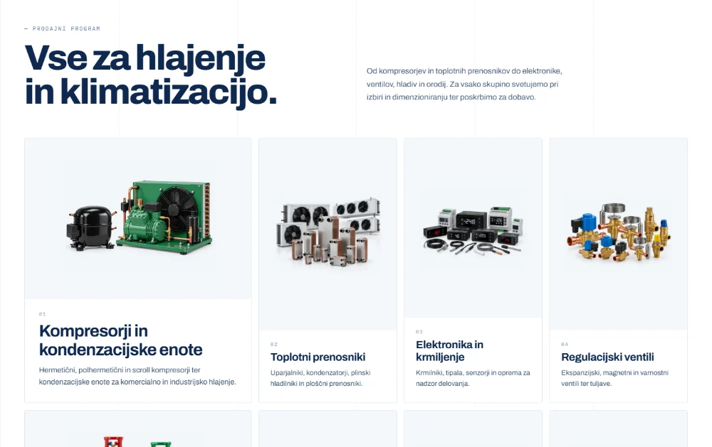 Prodajni program EMPOR v skupinah: kompresorji, toplotni prenosniki, elektronika in ventili
