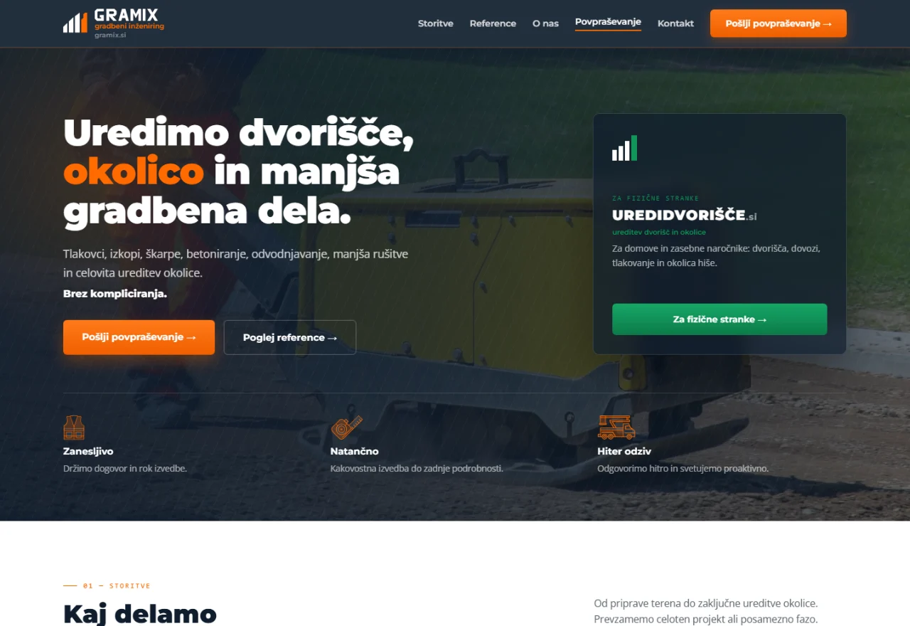 Prvi zaslon strani Gramix, gradbeni inženiring, s povpraševanjem in potjo za fizične stranke