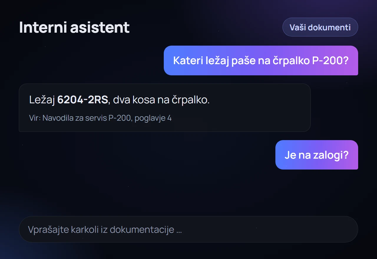 Ponazoritev internega AI asistenta, ki odgovarja iz dokumentacije podjetja in navede vir