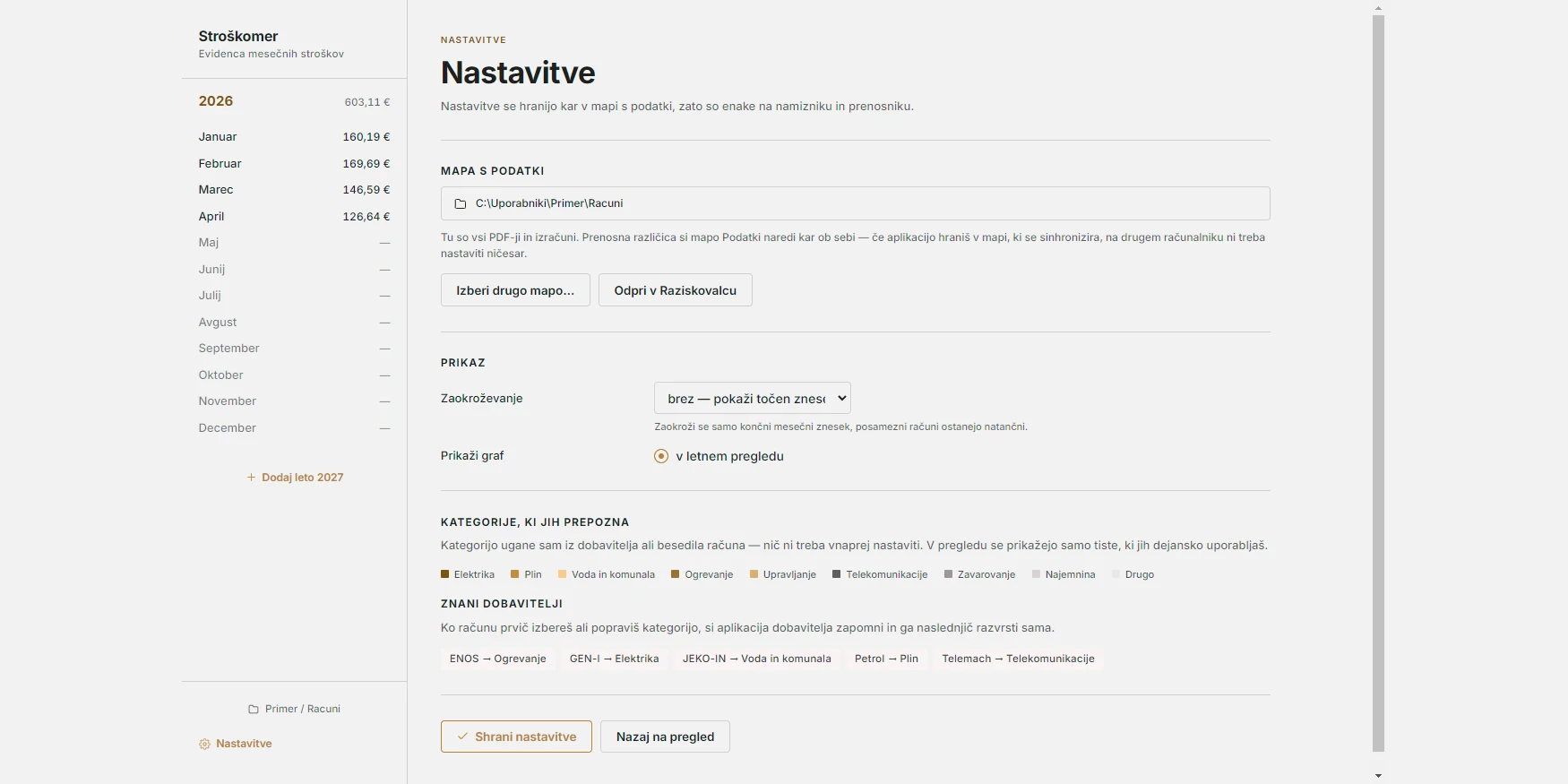 Nastavitve: kategorije, dobavitelji in pravila obračuna